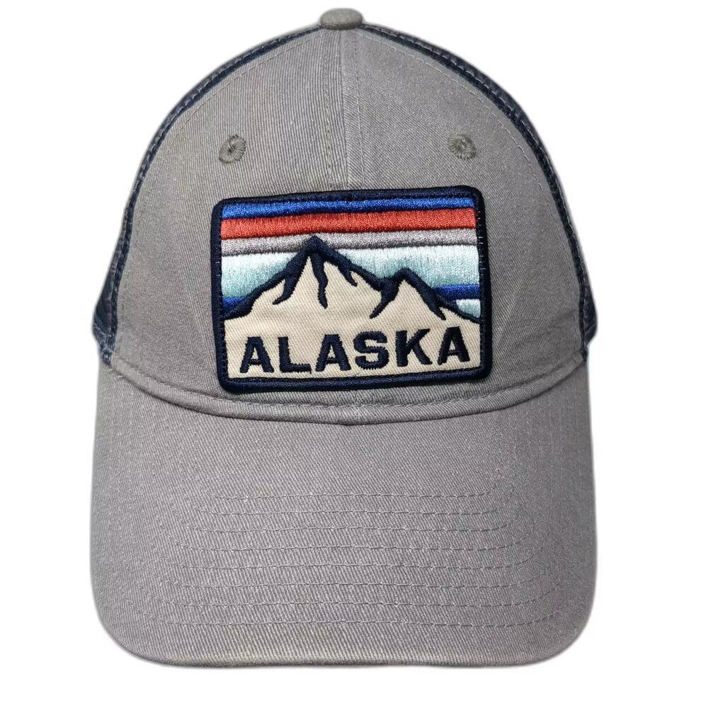 Gear Trucker Hat Gray Blue Alaska Mountain Patch OS Adjustable Snapback Mesh